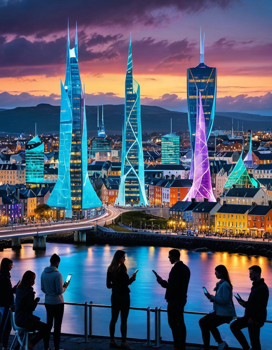 An illustrative cityscape of Ireland glowing with vibrant 4G and 5G network signals beaming from various points such as smartphones and towers. Include happy people seamlessly using their devices while moving through the city. Modern architectural landmarks and scenic Irish landscapes form the background. Incorporate icons or signals that represent both 4G and 5G connectivity. super-realistic. vibrant colors. dynamic and futuristic style.