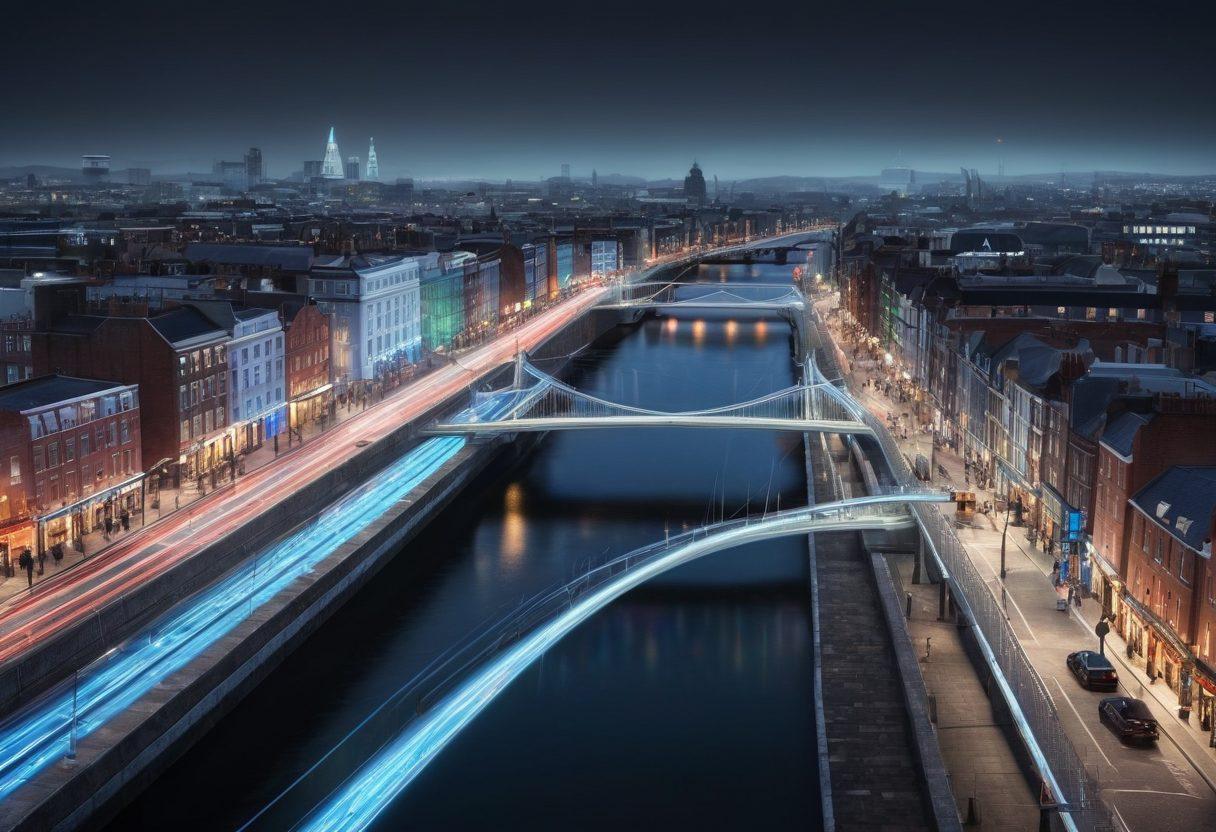 Illustrate a futuristic cityscape of Dublin featuring advanced digital infrastructure. Show vibrant fiber-optic networks connecting homes and businesses, and smartphones with strong signal bars. Include Irish landmarks like the Ha'penny Bridge to enhance localization. Add dynamic icons representing high-speed internet and mobile connectivity. super-realistic. vibrant colors. white background.