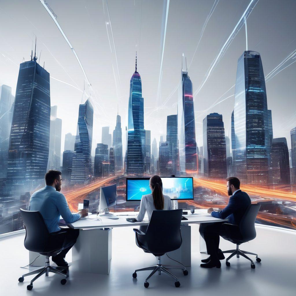 A futuristic city skyline glowing with connected lights, showcasing high-speed internet cables seamlessly linking skyscrapers. In the foreground, an office space with professionals engaging in a video call, surrounded by sleek tech gadgets and network icons. super-realistic. vibrant colors. white background.